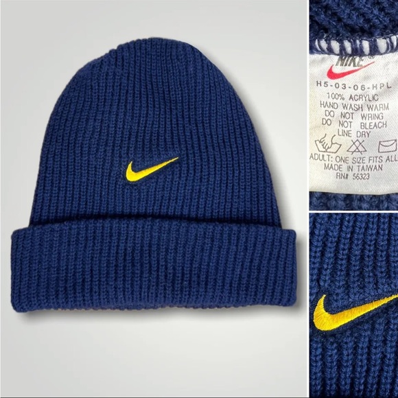 Nike Other - Vintage 90s Nike Mini Swoosh Ribbed Knit Cuff Beanie Navy/Yellow U Michigan OSFA